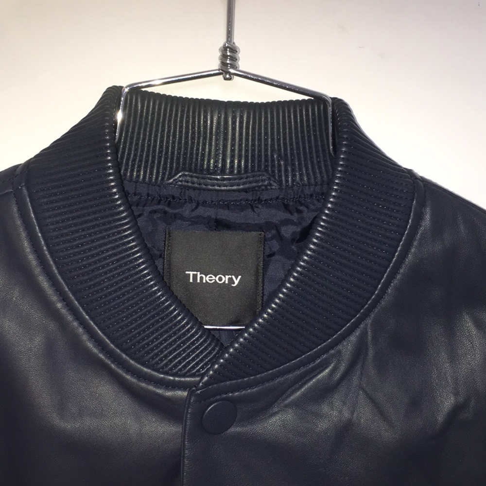 Theory -New L Deep Navy Varsity Leather Jacket NWT